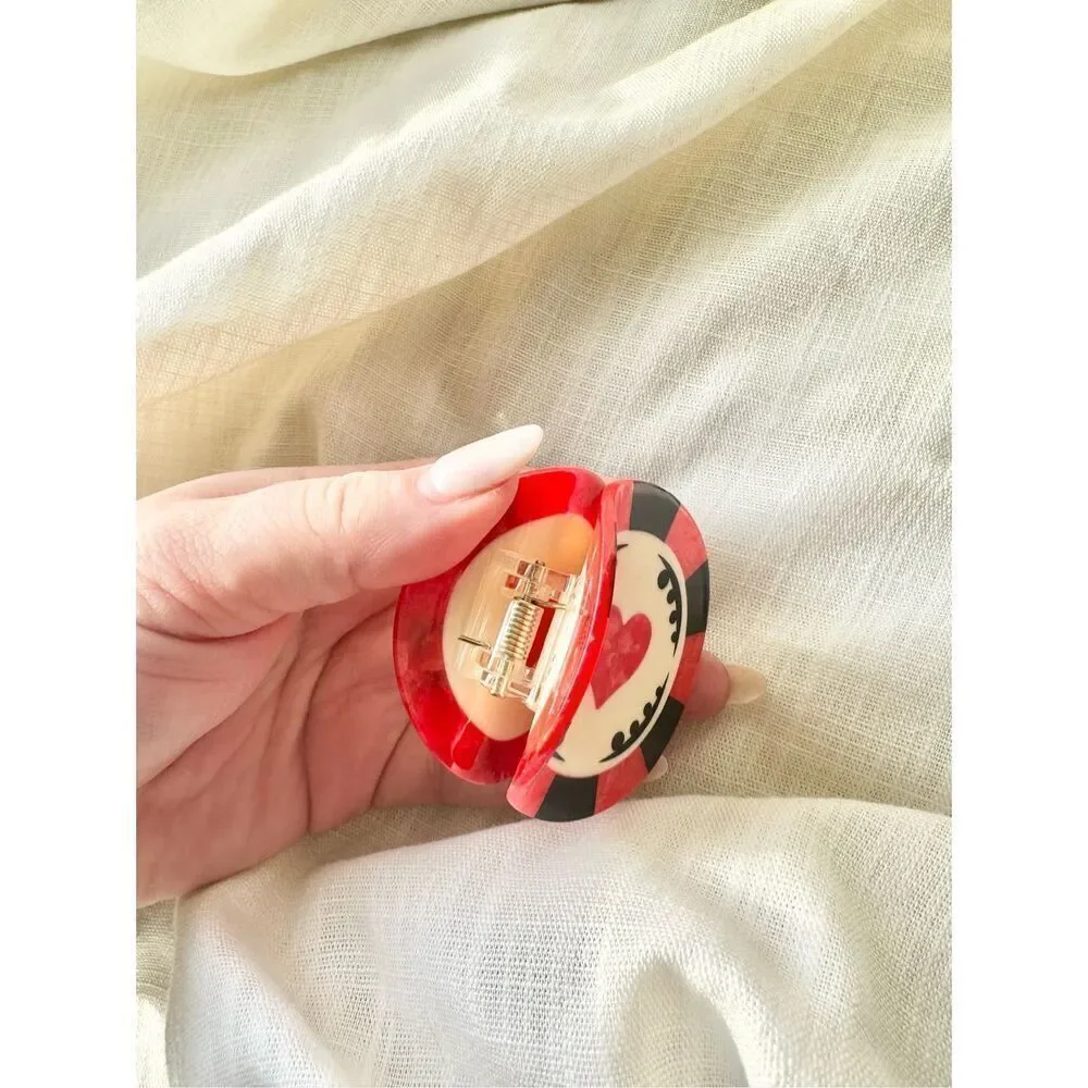 Lucky in love black, red, and cream poker chip hair claw